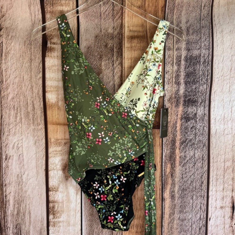 Vince Camuto Floral Wrap One-Piece Swimsuit Romantic Feminine Beach Size 8‎ NWT